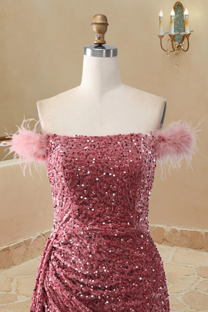 Elegant Off The Shoulder Sequin Mermaid Feather Sweetheart Slit Prom Dresses