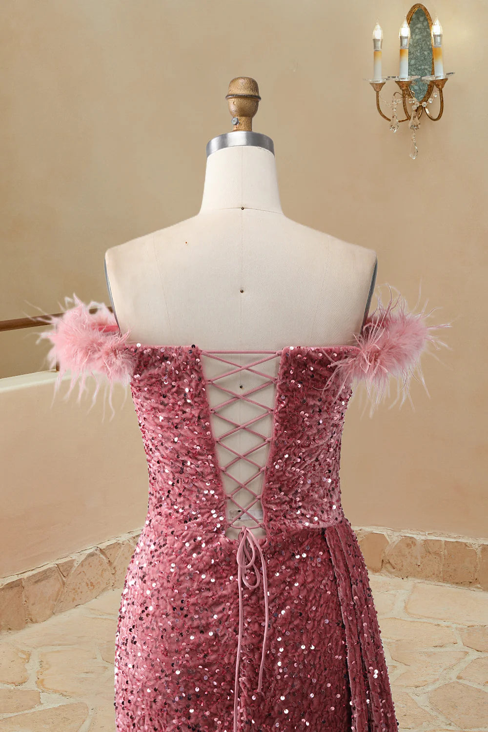 Elegant Off The Shoulder Sequin Mermaid Feather Sweetheart Slit Prom Dresses