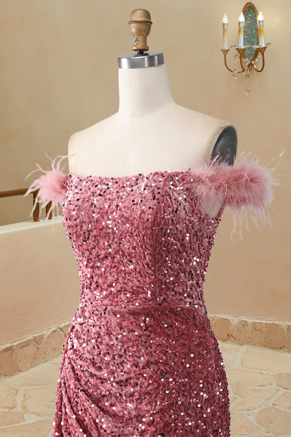 Elegant Off The Shoulder Sequin Mermaid Feather Sweetheart Slit Prom Dresses