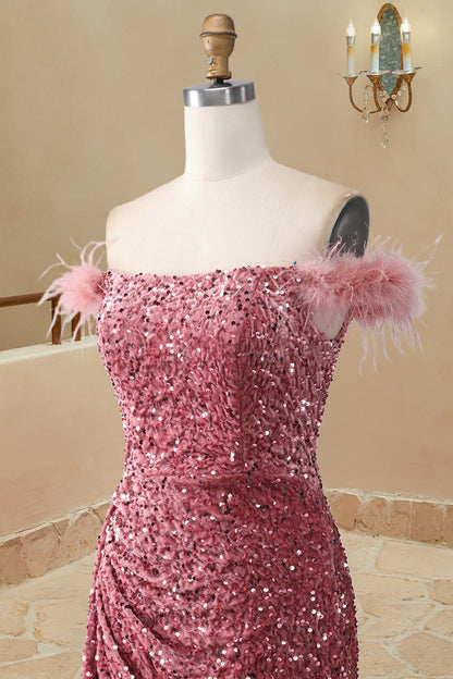 Elegant Off The Shoulder Sequin Mermaid Feather Sweetheart Slit Prom Dresses