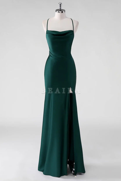 Beaira Elegant Pine Sheath Spaghetti Straps Satin Floor Length Bridesmaid Dress with Lace Up Back