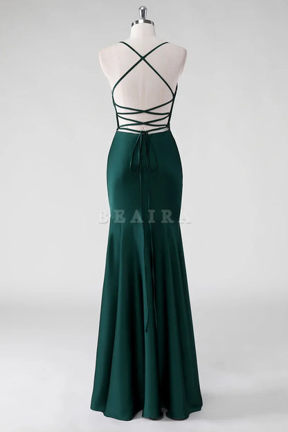 Beaira Elegant Pine Sheath Spaghetti Straps Satin Floor Length Bridesmaid Dress with Lace Up Back