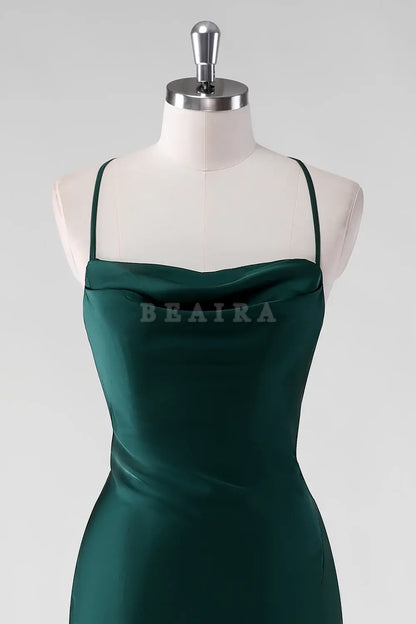Beaira Elegant Pine Sheath Spaghetti Straps Satin Floor Length Bridesmaid Dress with Lace Up Back