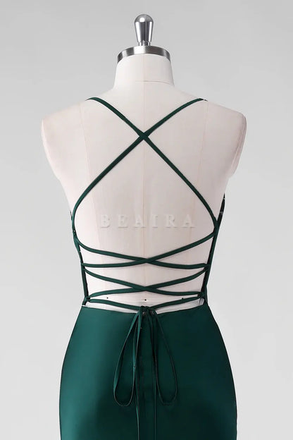 Beaira Elegant Pine Sheath Spaghetti Straps Satin Floor Length Bridesmaid Dress with Lace Up Back