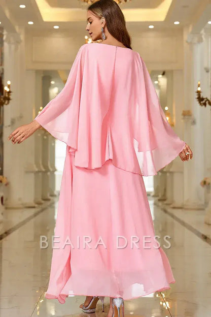 Beaira Elegant Pink A Line V Neck Shawl Sleeve Long Formal Dress - Pink