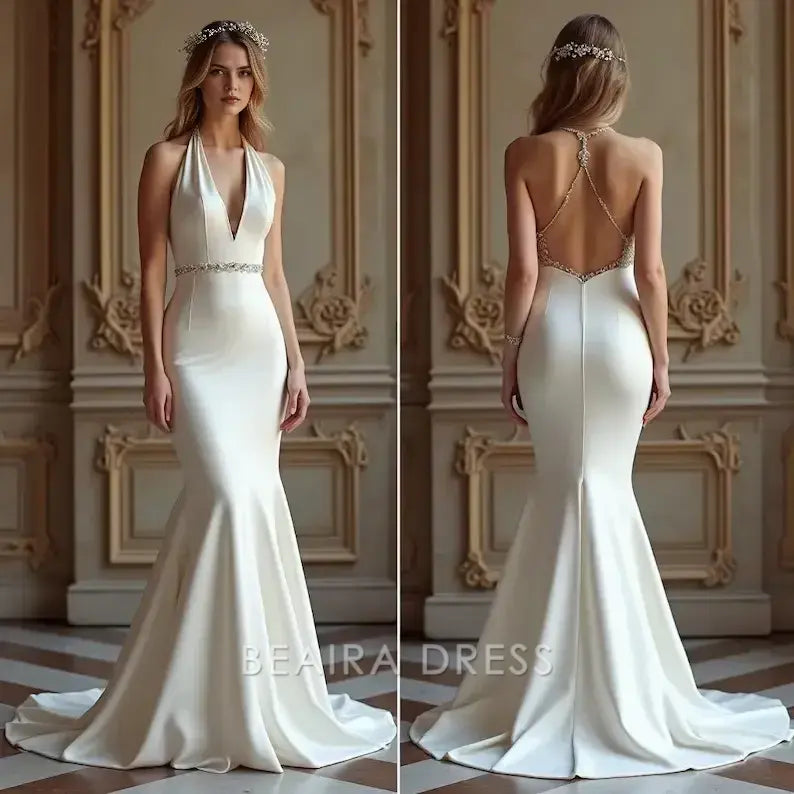Elegant Plunging V - Neck Halter Mermaid Wedding Dress with Crystal Back and Waist Detail Prom Dress