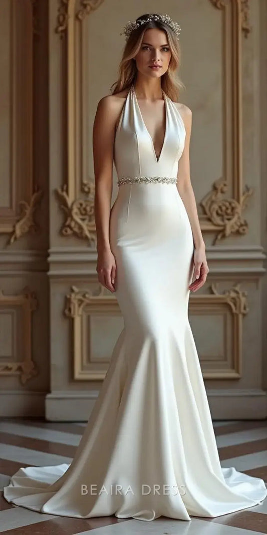 Elegant Plunging V - Neck Halter Mermaid Wedding Dress with Crystal Back and Waist Detail Prom Dress