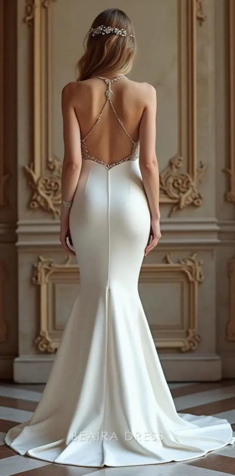 Elegant Plunging V - Neck Halter Mermaid Wedding Dress with Crystal Back and Waist Detail Prom Dress