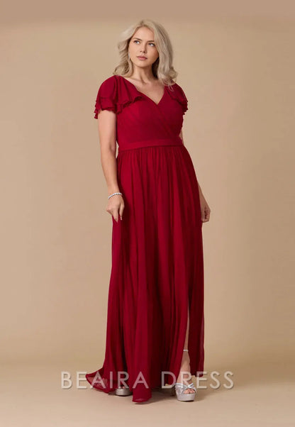 Elegant Plus Size Ruffled Sleeve V - Neck Chiffon Maxi Dress with Slit Prom Dress