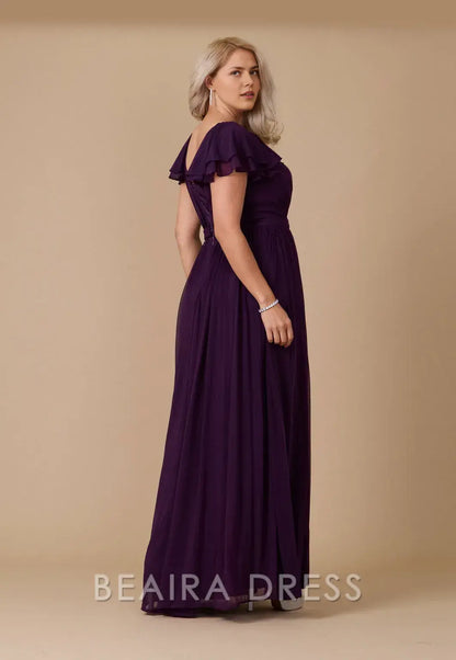 Elegant Plus Size Ruffled Sleeve V - Neck Chiffon Maxi Dress with Slit Prom Dress