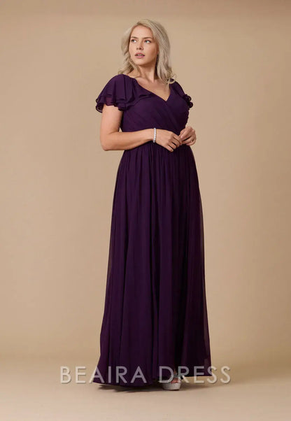 Elegant Plus Size Ruffled Sleeve V - Neck Chiffon Maxi Dress with Slit Prom Dress