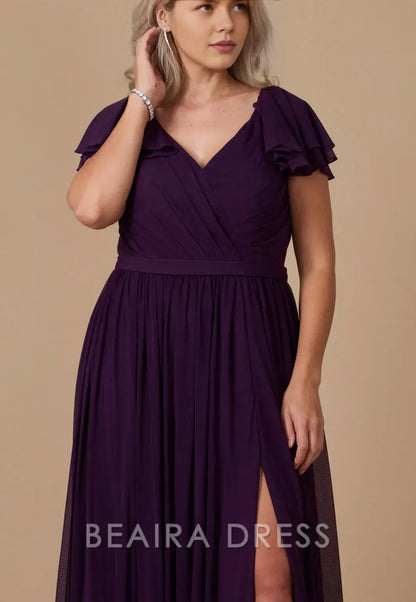 Elegant Plus Size Ruffled Sleeve V - Neck Chiffon Maxi Dress with Slit Prom Dress