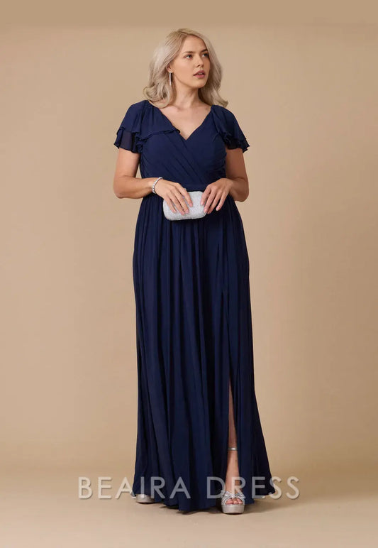 Elegant Plus Size Ruffled Sleeve V - Neck Chiffon Maxi Dress with Slit Prom Dress