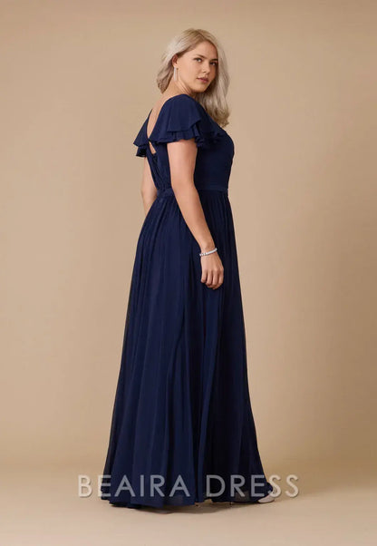Elegant Plus Size Ruffled Sleeve V - Neck Chiffon Maxi Dress with Slit Prom Dress
