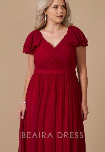Elegant Plus Size Ruffled Sleeve V - Neck Chiffon Maxi Dress with Slit Prom Dress