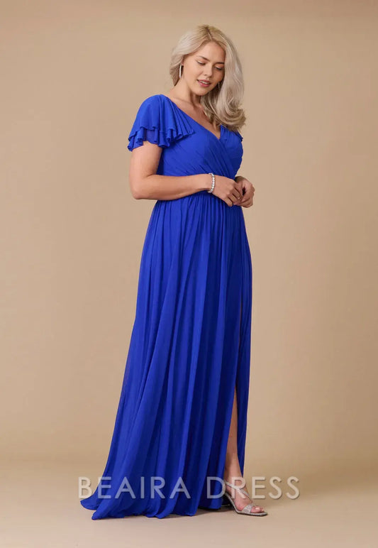 Elegant Plus Size Ruffled Sleeve V - Neck Chiffon Maxi Dress with Slit Prom Dress