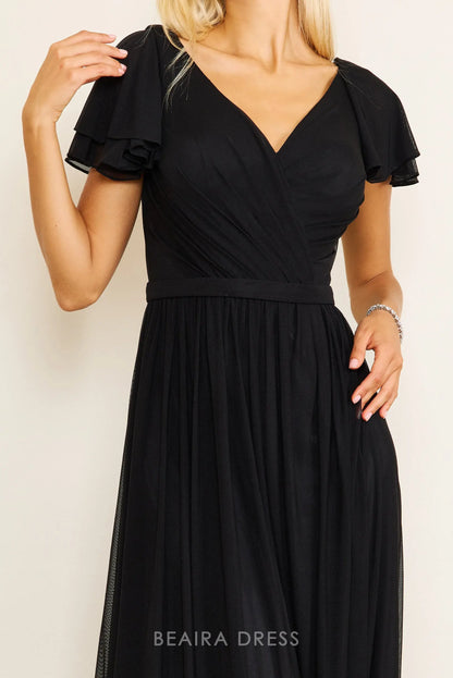 Elegant Plus Size Ruffled Sleeve V - Neck Chiffon Maxi Dress with Slit Prom Dress