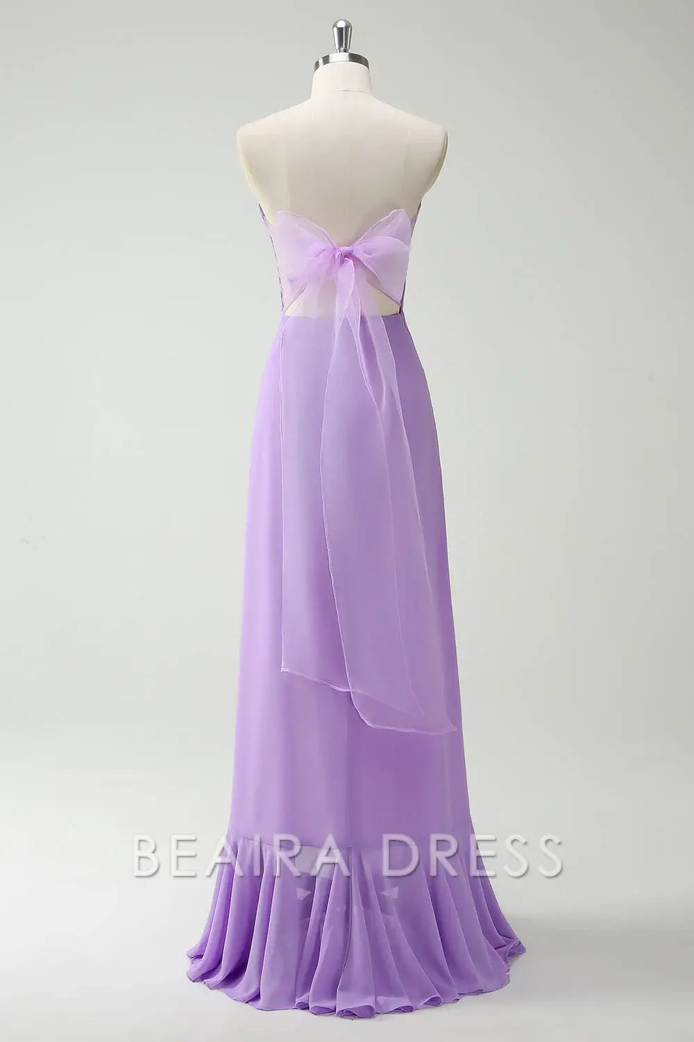 Beaira Elegant Purple A-Line Strapless Lace Up Back Ruffled Long Bridesmaid Dress with Ruffled Slit