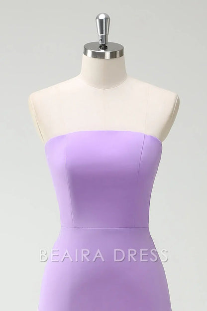 Beaira Elegant Purple A-Line Strapless Lace Up Back Ruffled Long Bridesmaid Dress with Ruffled Slit