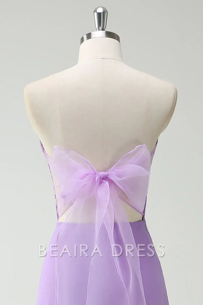 Beaira Elegant Purple A-Line Strapless Lace Up Back Ruffled Long Bridesmaid Dress with Ruffled Slit