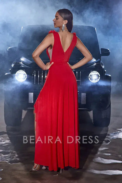 Beaira Elegant Red A Line V Neck Long Dress with Slit - Red