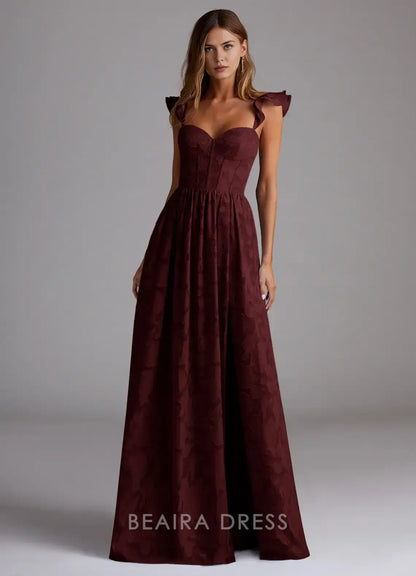 Elegant Ruffled Strap Sweetheart Neckline Maxi Dress with Side Slit Prom Dress