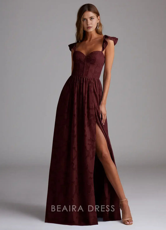 Elegant Ruffled Strap Sweetheart Neckline Maxi Dress with Side Slit Prom Dress