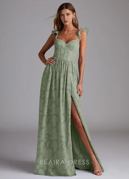 Elegant Ruffled Strap Sweetheart Neckline Maxi Dress with Side Slit Prom Dress