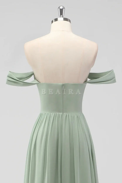 Beaira Elegant Sage Green A-Line Off The Shoulder Ruched Chiffon Long Bridesmaid Dress with Slit