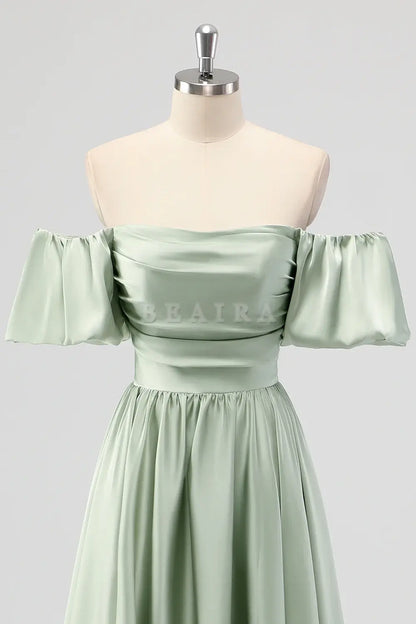 Beaira Elegant Sage Green A Line Off The Shoulder Ruched Tea-Length Satin Bridesmaid Dress