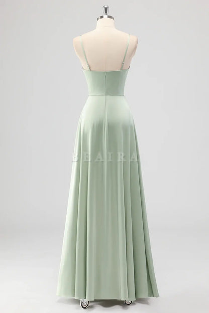 Beaira Elegant Sage Green A Line Spaghetti Straps Pleated Satin Long Bridesmaid Dress