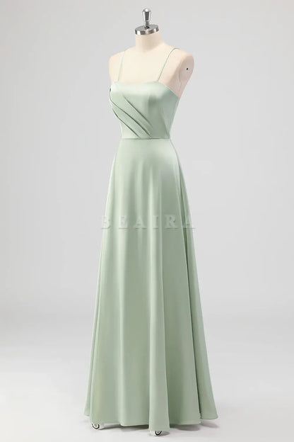 Beaira Elegant Sage Green A Line Spaghetti Straps Pleated Satin Long Bridesmaid Dress