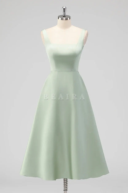 Beaira Elegant Sage Green A Line Square Neck Tea-Length Satin Bridesmaid Dress