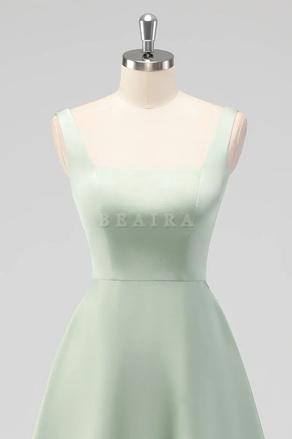 Beaira Elegant Sage Green A Line Square Neck Tea-Length Satin Bridesmaid Dress