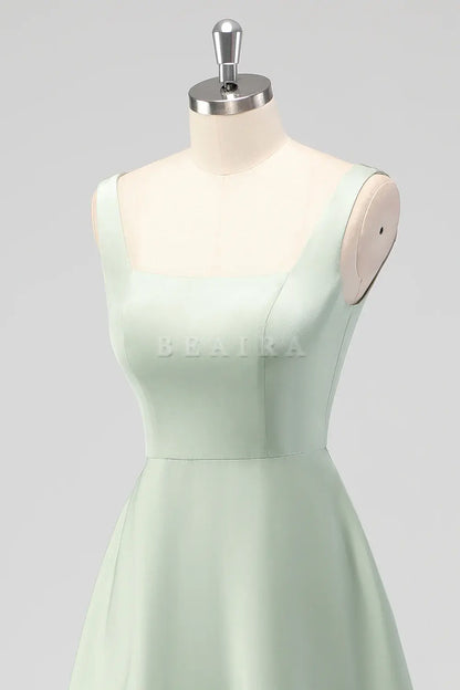 Beaira Elegant Sage Green A Line Square Neck Tea-Length Satin Bridesmaid Dress
