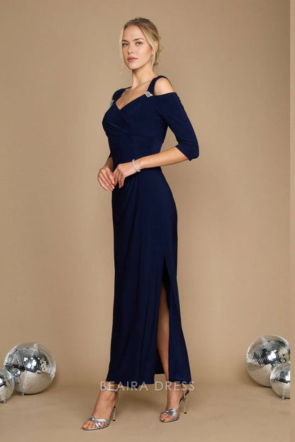 Elegant Sheath/Column Cold - Shoulder Ruched Long Sleeve Floor-Length Side Slit Prom Dress