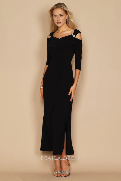 Elegant Sheath/Column Cold - Shoulder Ruched Long Sleeve Floor-Length Side Slit Prom Dress