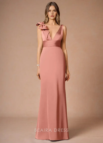 Elegant Sheath/Column Deep V - Neck Maxi Dress with Bow Detail Prom Dress