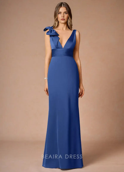 Elegant Sheath/Column Deep V - Neck Maxi Dress with Bow Detail Prom Dress