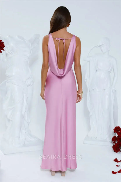 Elegant Sheath/Column Satin Cowl Back Ankle-Length Maxi Dress with Side Slit Prom Dress