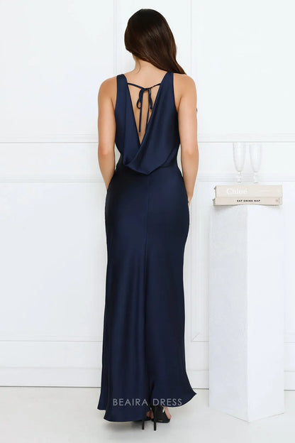 Elegant Sheath/Column Satin Cowl Back Ankle-Length Maxi Dress with Side Slit Prom Dress