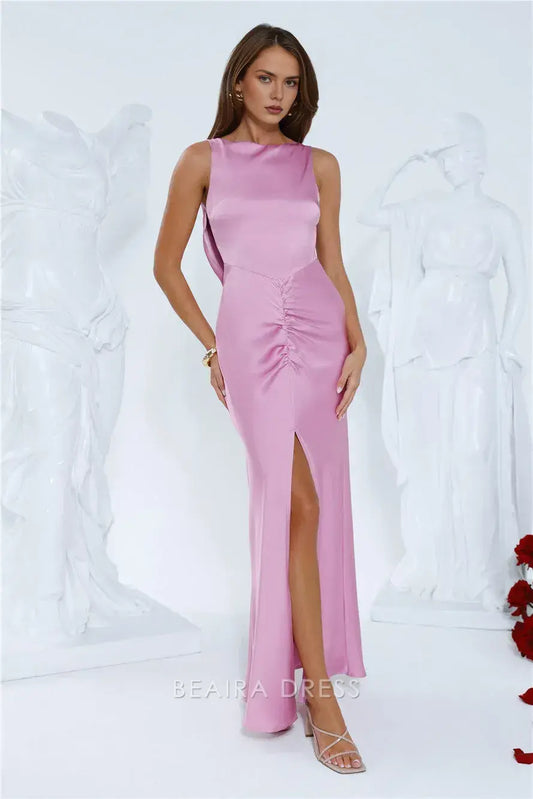 Elegant Sheath/Column Satin Cowl Back Ankle-Length Maxi Dress with Side Slit Prom Dress