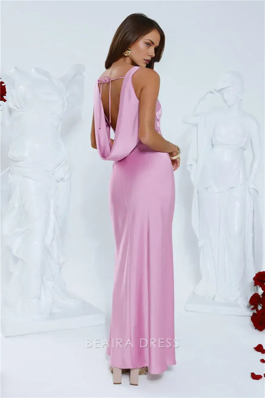 Elegant Sheath/Column Satin Cowl Back Ankle-Length Maxi Dress with Side Slit Prom Dress