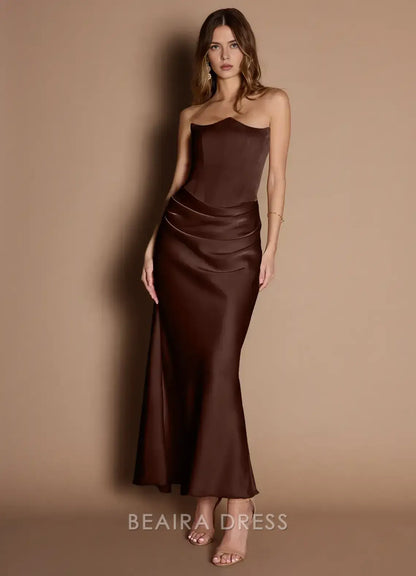 Elegant Sheath/Column Strapless Draped Back Zip Ankle-Length Maxi Dress Prom Dress