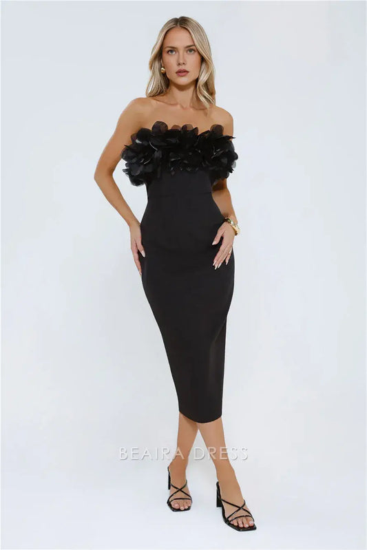 Elegant Sheath/Column Strapless Floral Applique Tea-Length Midi Dress Prom Dress