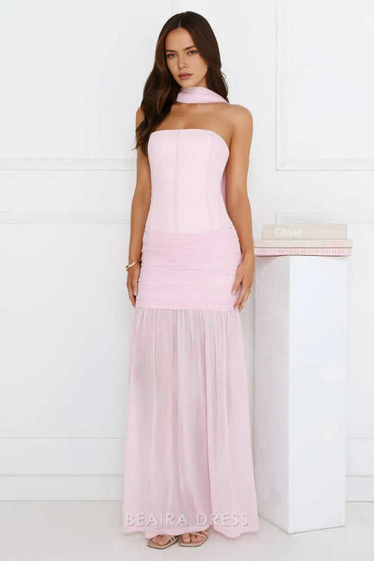 Elegant Sheath/Column Strapless Ruched Mesh Maxi Dress with Scarf Detail Prom Dress