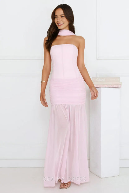 Elegant Sheath/Column Strapless Ruched Mesh Maxi Dress with Scarf Detail Prom Dress