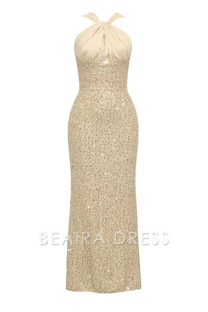 Beaira Elegant Sparkly Apricot Mermaid Halter Sequins Long Formal Dress with Slit - Apricot