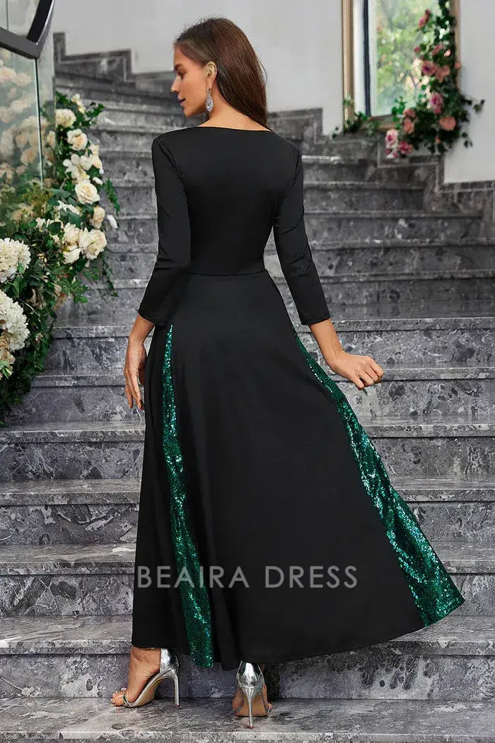 Beaira Elegant Sparkly Black Green Sequined A Line Prom Dress With Long Sleeves - Black Green