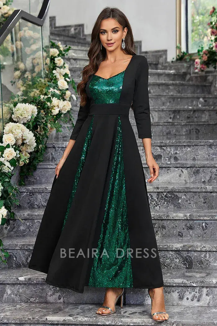 Beaira Elegant Sparkly Black Green Sequined A Line Prom Dress With Long Sleeves - Black Green